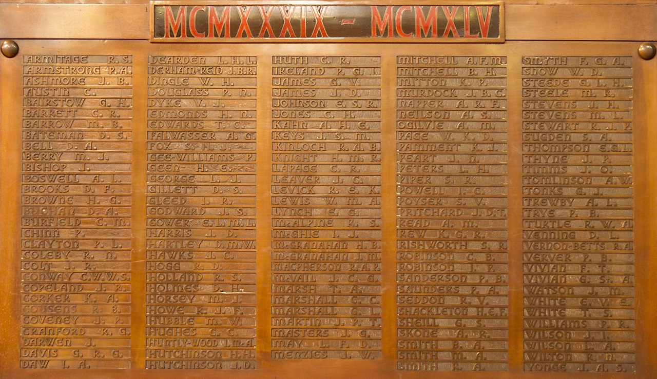The Epsom College 1939-1945 memorial panel — STEVENS J.H. visible towards the top right