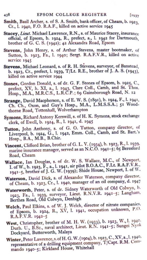 Epsom College Register, 1937 edition — the entry for John Henry Stevens