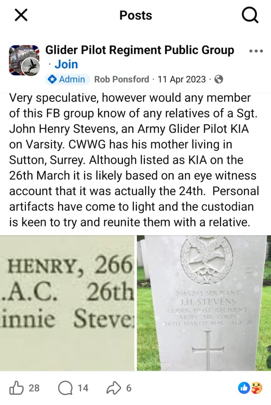 Facebook post by Rob Ponsford, April 2023 — leading to the reunion of the log book with the Stevens family
