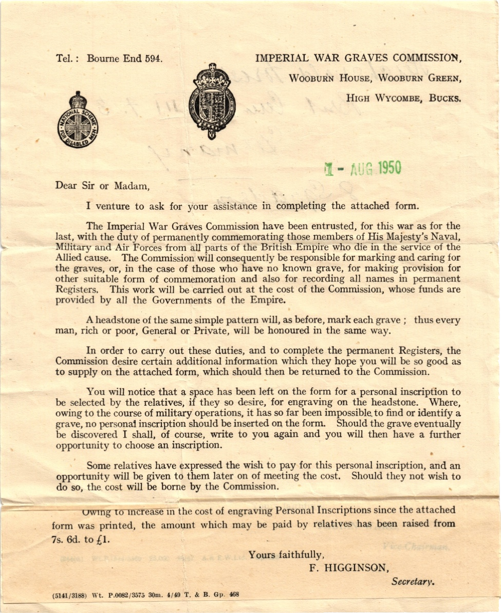 IWGC letter front — 1 August 1950, requesting permanent headstone inscription from Mrs M. Stevens