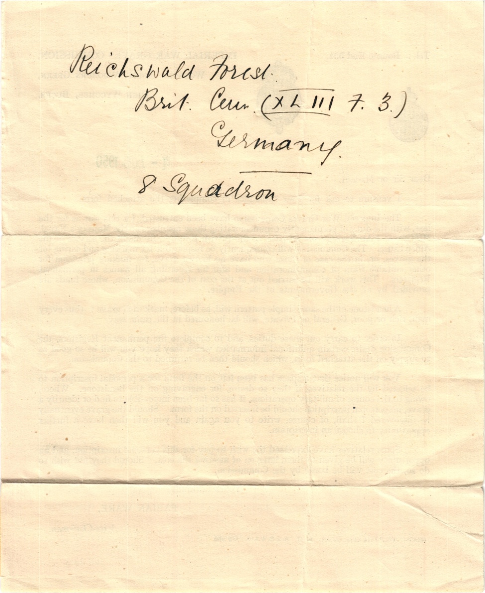 IWGC letter reverse — noting Reichswald Forest Cemetery location and plot details