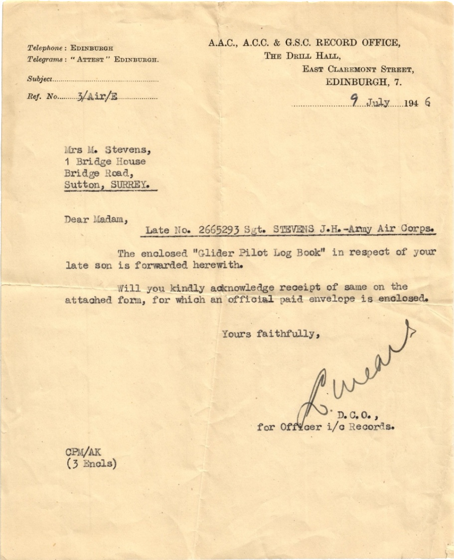 Letter returning the log book to Mrs M. Stevens — Army Air Corps Record Office, Edinburgh, 9 July 1946