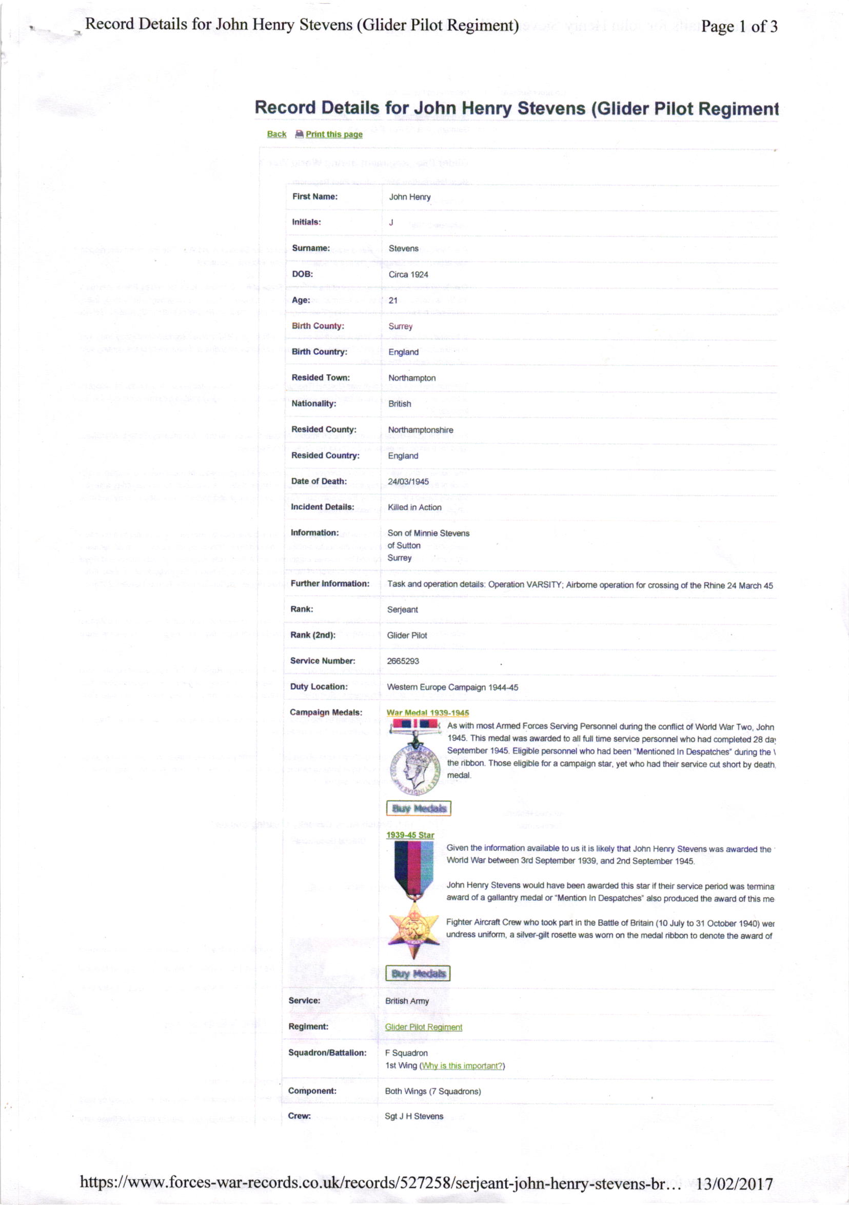 Medal research page 1 — confirms KIA 24/03/1945, F Squadron 1st Wing