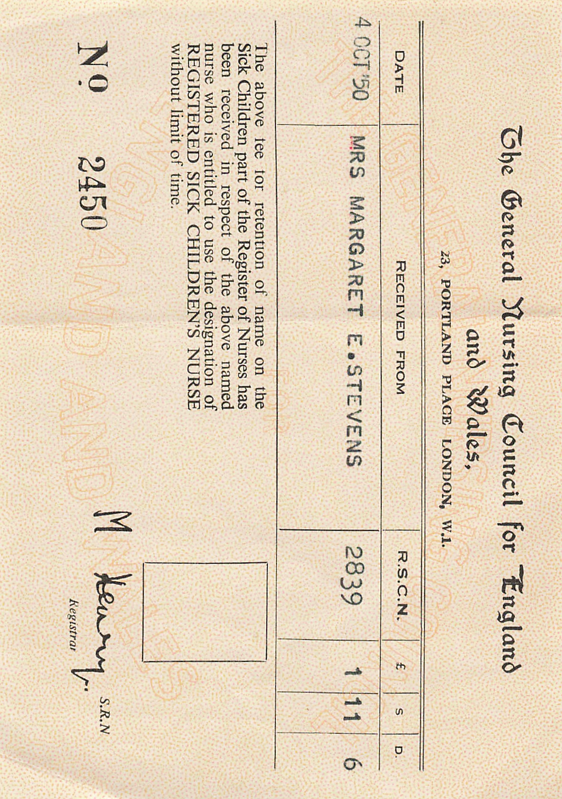 GNC retention receipt, RSCN, 4 October 1950