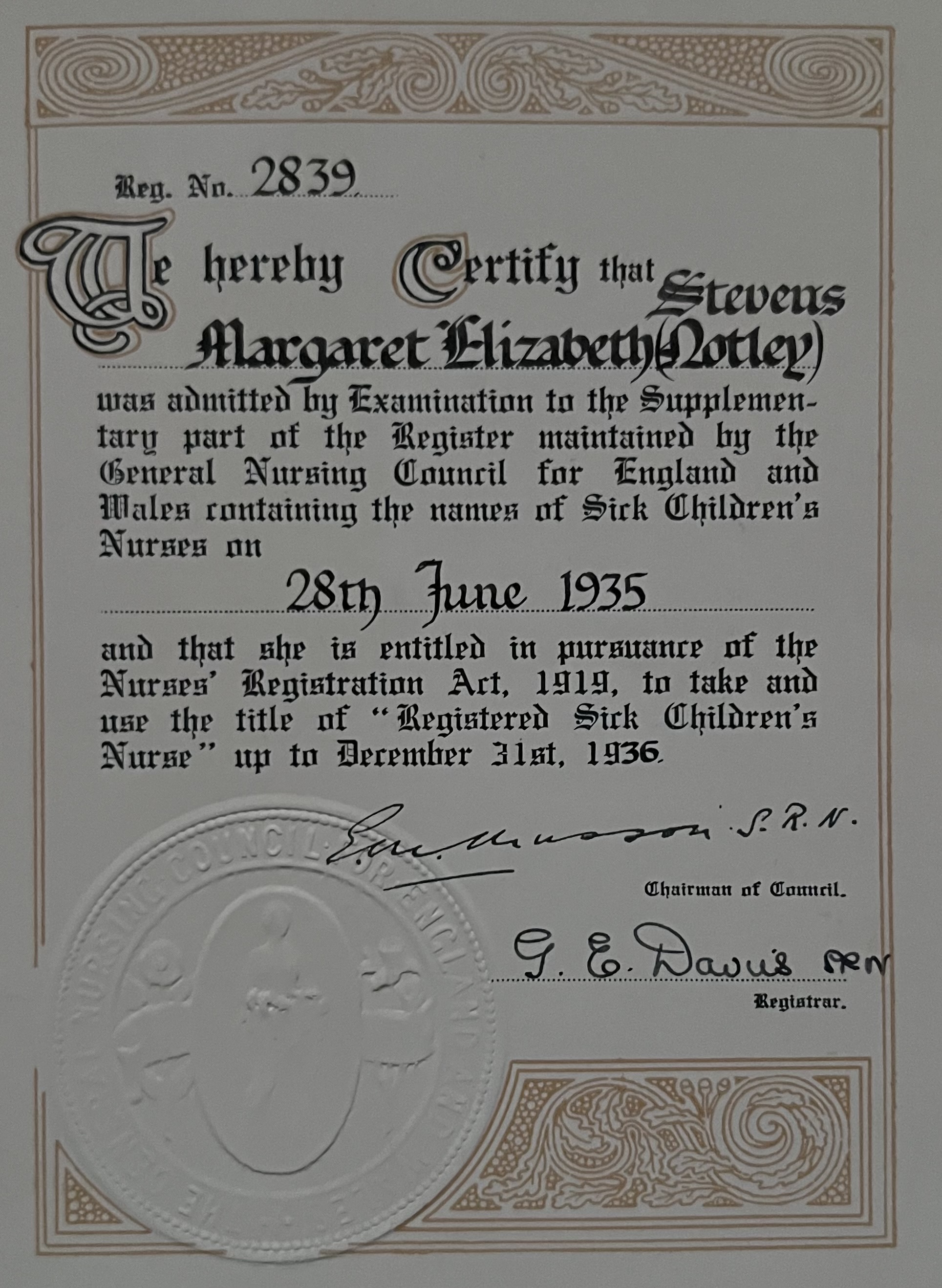 GNC certificate, RSCN, reissued 1950