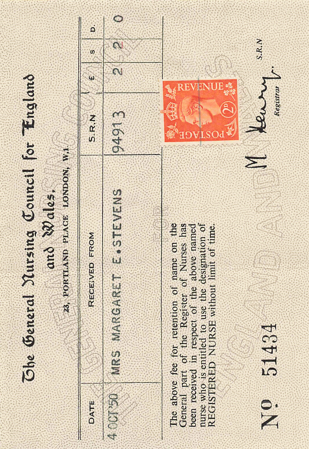 GNC retention receipt, SRN, 4 October 1950