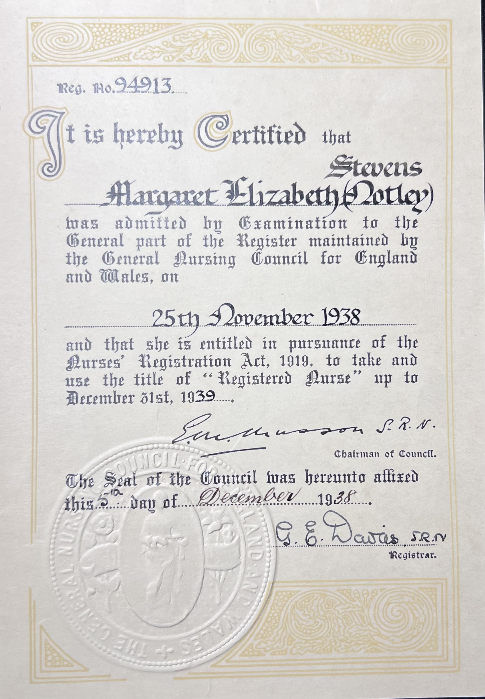 GNC certificate, SRN, reissued 1950