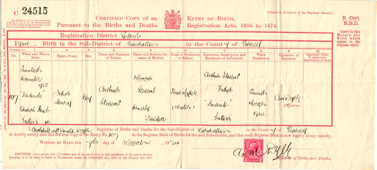 Birth certificate of John Henry Stevens, 20 December 1923