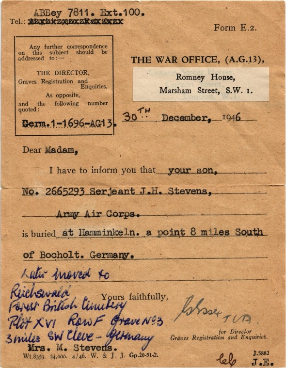 War Office Form E.2 — burial notification to Mrs M. Stevens, 30 December 1946