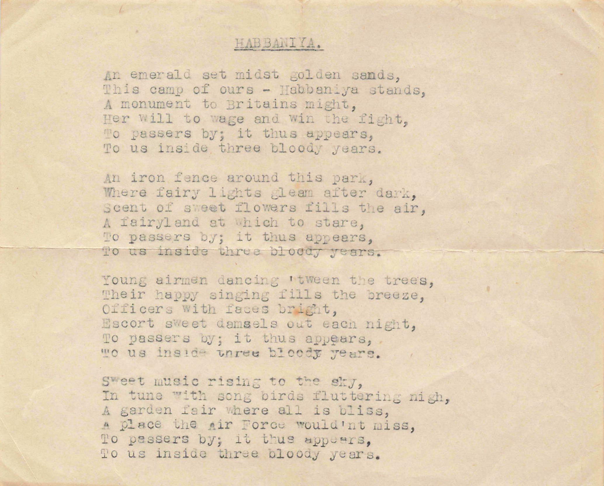 The Habbaniya poem — typed original, four stanzas